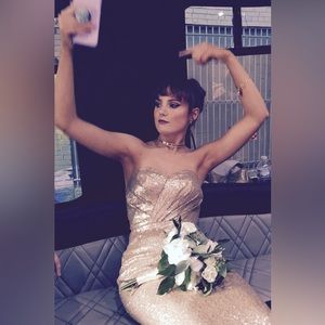 Bari Jay GOLD sequence full length strapless gown